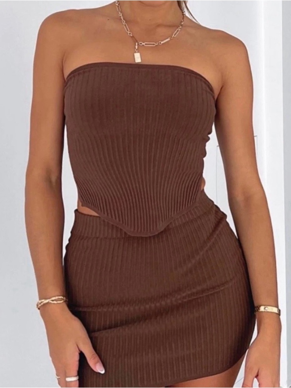 NWT Chyrll Brown Ribbed Strapless Top and Skirt Set Small